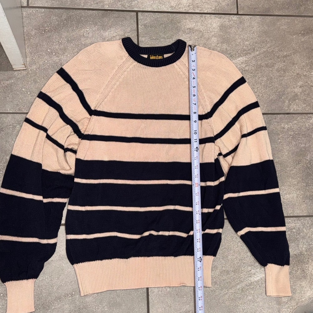 Johnstons of Elgin Cotton Striped Sweater Mens 44 Navy Pink/Peach EUC Scotland - Picture 5 of 7